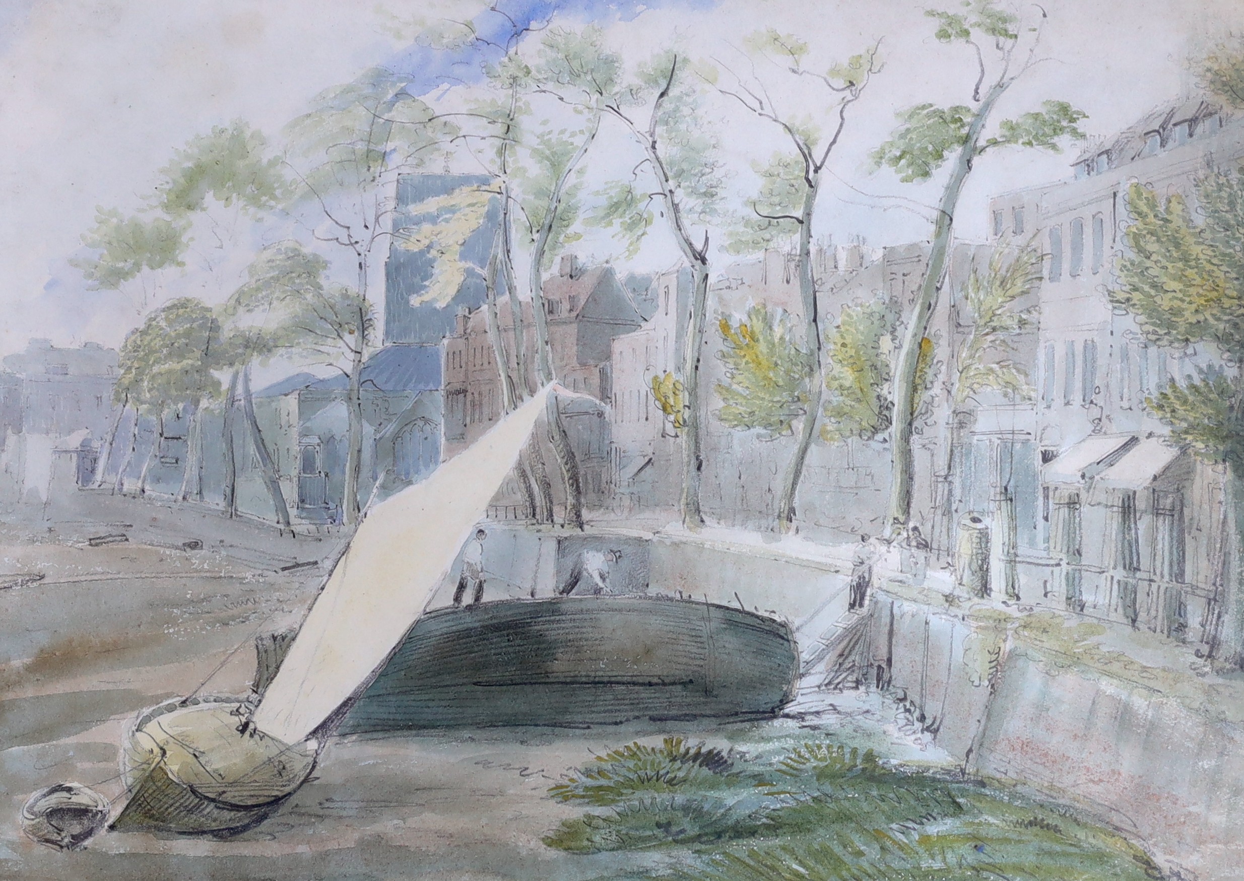 John Burgess (1749-1812), watercolour and pencil, View from Battersea Bridge of Cheyne Walk and Chelsea Old Church, indistinctly signed lower right, 27 x 39cm